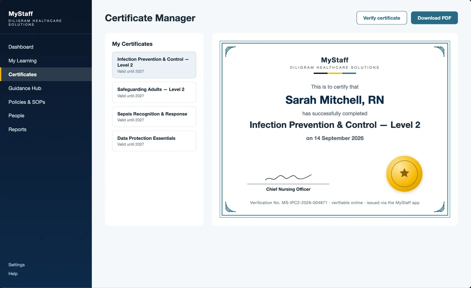 MyStaff Certificate Manager: a member of staff's training certificates with verification numbers, shown on a desktop monitor
